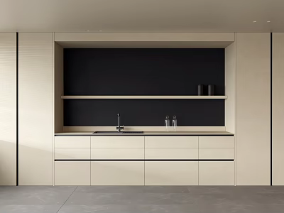 Modern Sideboard With Matte White Countertop Black Backboard Open Shelves And Drawers 3d model