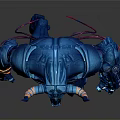 Blue Horned Armored Muscular Humanoid Creature With Glowing Details And Orange Accents