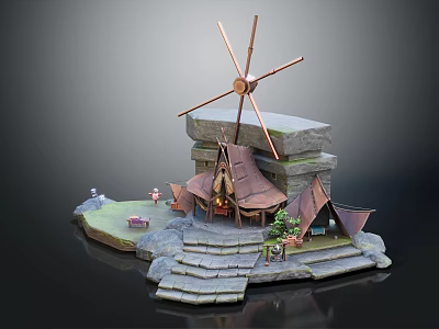 Cartoon Scene Featuring Windmill Stone Platform Tents Steps Tiny Figures And Small Plants 3d model