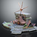 Cartoon Scene Featuring Windmill Stone Platform Tents Steps Tiny Figures And Small Plants 3d model