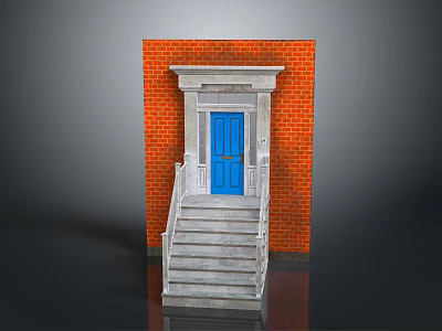 Building Entrance With Red Brick Wall Blue Door And White Frame Concrete Steps 3d model