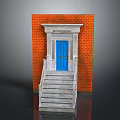 Building Entrance With Red Brick Wall Blue Door And White Frame Concrete Steps