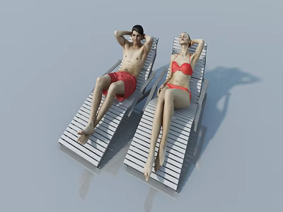 Two People Relaxing On White Striped Lounge Chairs In Red Swimwear 3d model