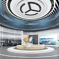 Modern Exhibition Hall With Circular Platform Digital Screens And City Backdrop Graphics