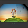 Colorful Plants With Red Yellow Purple Flowers And Hummingbirds Flying In Gradient Sky Green Grass
