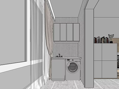 Home Balcony Design with Washing Machine Cabinets Curtains and Windows 3d model