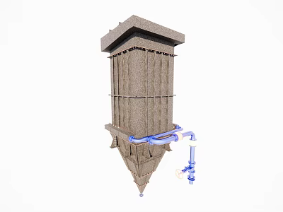 Industrial Cooling Tower Equipment With Gray Textured Structure And Blue Pipes 3d model