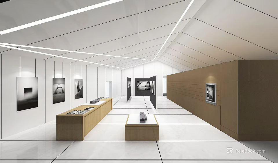 Modern Exhibition Hall Interior With White Walls Wooden Display Counters And Black White Artworks 3d model 