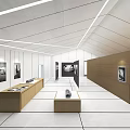 Modern Exhibition Hall Interior With White Walls Wooden Display Counters And Black White Artworks
