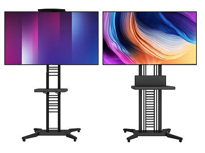 Two Modern TVs on Mobile Floor Stands with Wheels Featuring Vibrant Colorful Abstract Displays 3d model