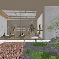 Traditional Chinese Teahouse Interior With Wooden Roof Tatami Seats Tea Sets Display And Potted Pine