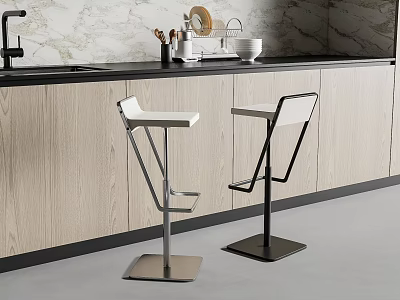 Modern Design Bar Stools In Kitchen With White Seats Metal Frames Marble Countertop And Light Cabinets 3d model