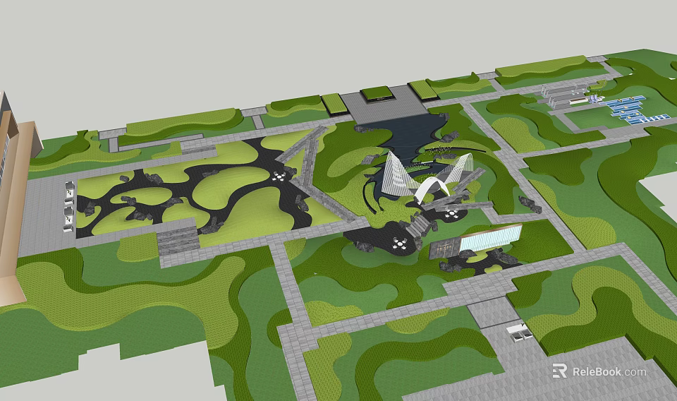 Pergola in Modern Landscape Design With Green Lawns Pathways And Water Features 3d model 