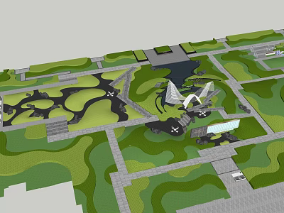 Pergola in Modern Landscape Design With Green Lawns Pathways And Water Features 3d model