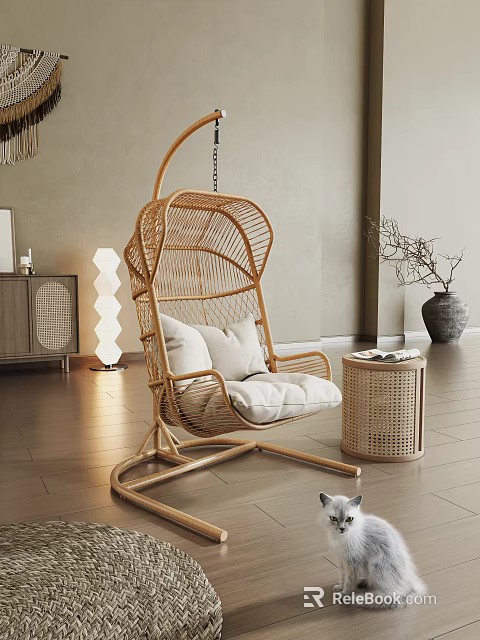 Cozy Wicker Hanging Chair With Cushions In Modern Living Room 3d model 