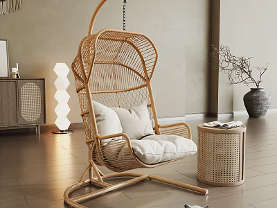 Cozy Wicker Hanging Chair With Cushions In Modern Living Room 3d model