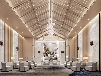 Elegant Hotel Public Lounge With Chandelier Comfortable Sofas Marble Walls And Decorative Painting 3d model
