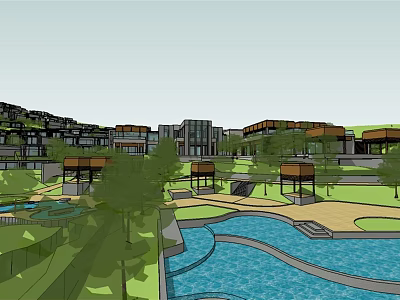 Modern Garden Landscape Design With Water Features Greenery Pavilions And Buildings 3d model