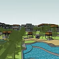 Modern Garden Landscape Design With Water Features Greenery Pavilions And Buildings