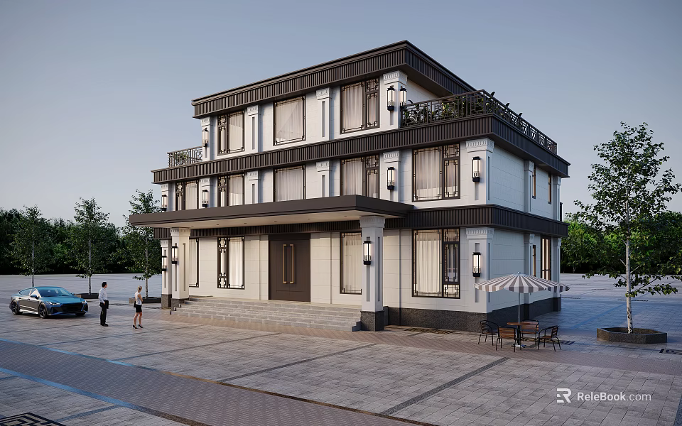 Two Story Detached Villa With Black Roof White Walls Balcony Front Steps And Outdoor Seating 3d model 