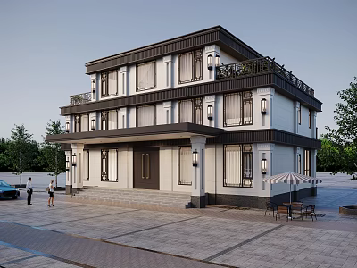Two Story Detached Villa With Black Roof White Walls Balcony Front Steps And Outdoor Seating 3d model