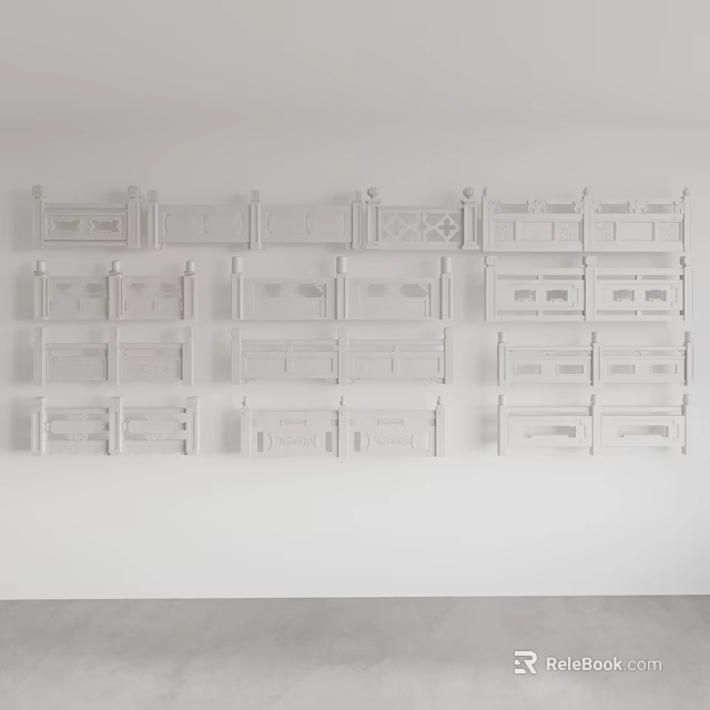 White Decorative Shelves Arranged on Wall With Various Designs and Patterns 3d model 