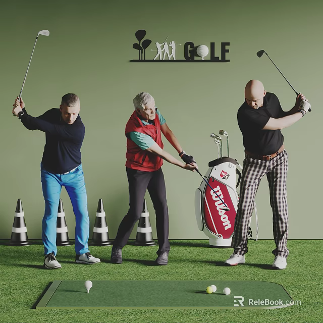 XM Golf Training With Men Swinging Clubs Cones And TaylorMade Golf Equipment 3d model 
