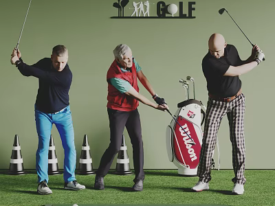 XM Golf Training With Men Swinging Clubs Cones And TaylorMade Golf Equipment 3d model