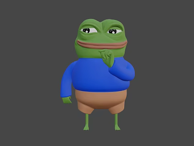 3D Sad Frog Model in Blue Shirt Brown Shorts With Finger on Mouth Gray Background 3d model