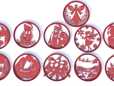 Round Red Christmas Paper Cut Decorations With Angel Santa Reindeer And Winter Scenes 3d model