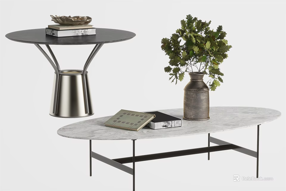 Modern Dining Table Design With Black Tabletop Silver Base And Green Plant Books 3d model