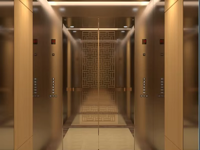 Elevator Hallway Interior With Modern Metal Doors Bright Geometric Floor Patterns 3d model