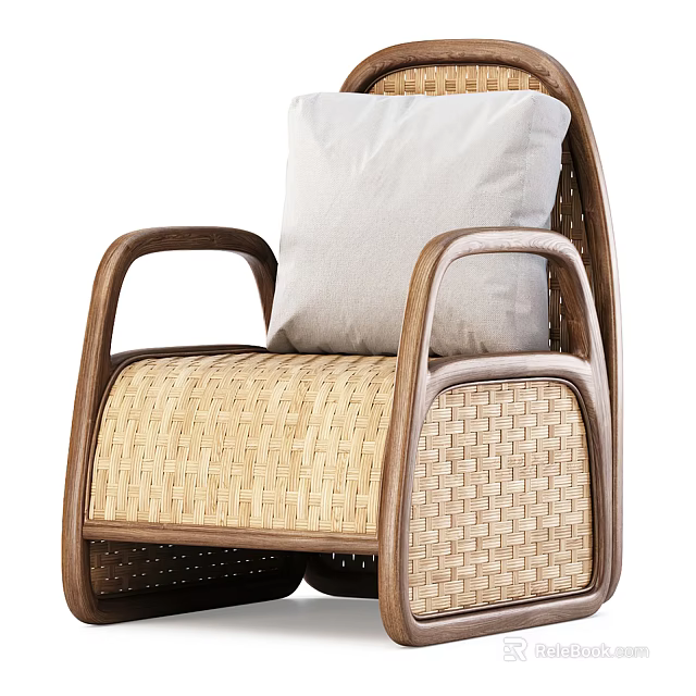 Leisure Chair with Wicker Weave and Wooden Frame Comfortable Cushion Modern Design 3d model 