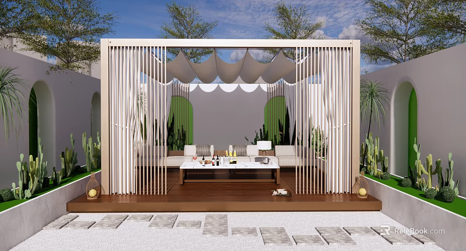 White Pergola with Curved Canopy Green Plants and Wooden Floor in Outdoor Lounge 3d model 