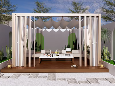 White Pergola with Curved Canopy Green Plants and Wooden Floor in Outdoor Lounge 3d model