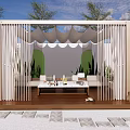 White Pergola with Curved Canopy Green Plants and Wooden Floor in Outdoor Lounge