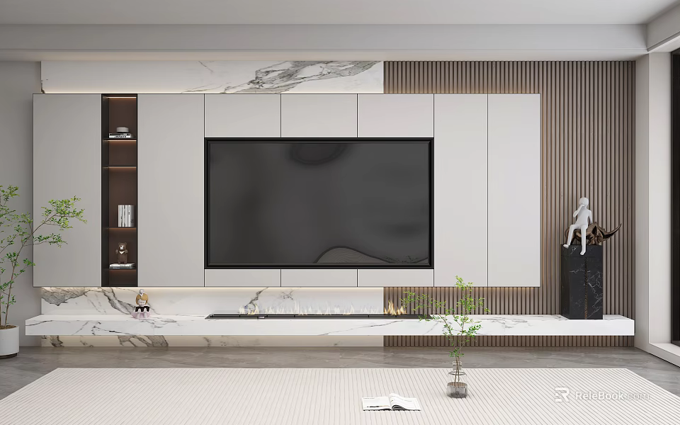 Modern TV Wall Interior Design With Marble Panels And Wooden Strips 3d model