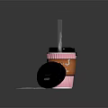 Pink Coffee Cup with Steam Open Lid and Small Cards on Black Surface