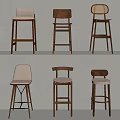 Various Design Bar Stools Featuring Wooden Frames And Different Backrest Styles 3d model