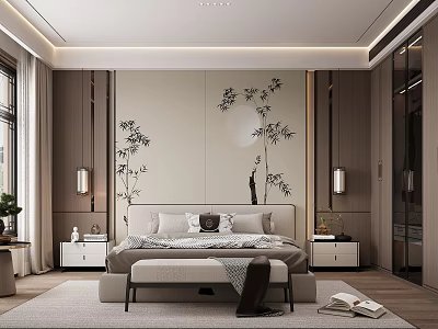 Modern Chinese Bedroom Interior With King Bed Bamboo Wall Art Side Tables And Rug 3d model