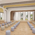 Bright Kindergarten Interior With Arched Windows Doors And Soft Stools 3d model