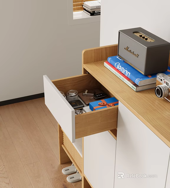 Modern Shoe Cabinet With Open Drawer Storage Keys Phone And Shelf Books Camera 3d model 