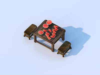 Sliced Watermelon Arranged On Wooden Table With Stools Against Light Blue Background 3d model