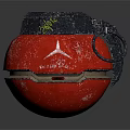 Red Spherical Weapon With Black Hexagonal Top And Textured Surface