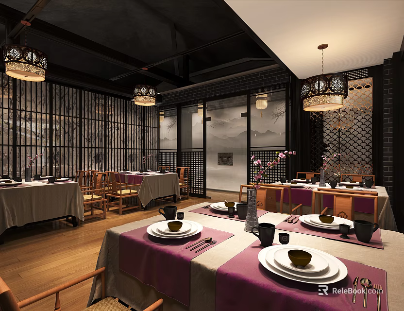Traditional Chinese Restaurant Interior With Wooden Tables Purple Tablecloths And Lanterns 3d model 