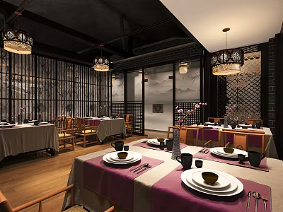 Traditional Chinese Restaurant Interior With Wooden Tables Purple Tablecloths And Lanterns 3d model