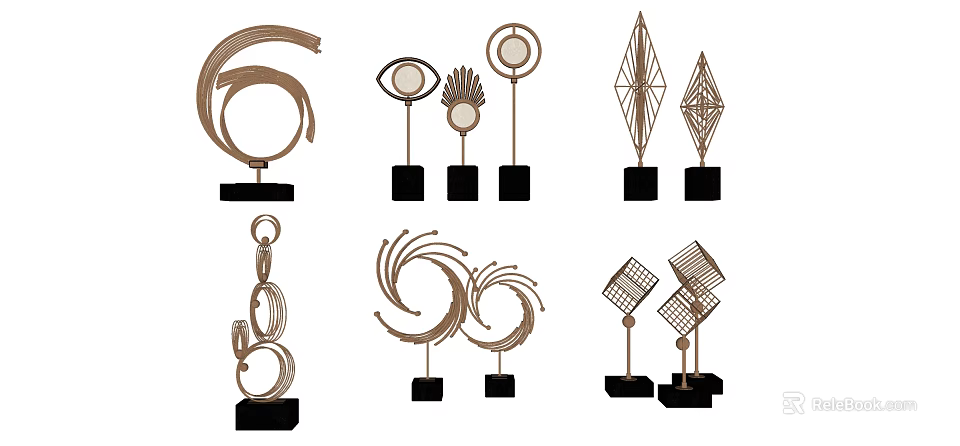 Stylish Modern Abstract Geometric Metal Ornamental Decorative Set with Black Bases 3d model 