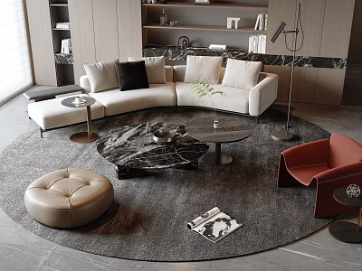 Modern Living Room Interior With Beige Sofa Black Cushions Marble Coffee Table And Red Armchair 3d model
