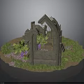 Ancient Ruin Structure With Arched Doorway Stone Walls Green Plants And Purple Flowers