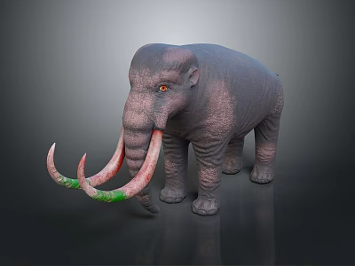 Realistic Mammoth 3D Model Featuring Green and Red Tusks and Gray Skin on Dark Background 3d model